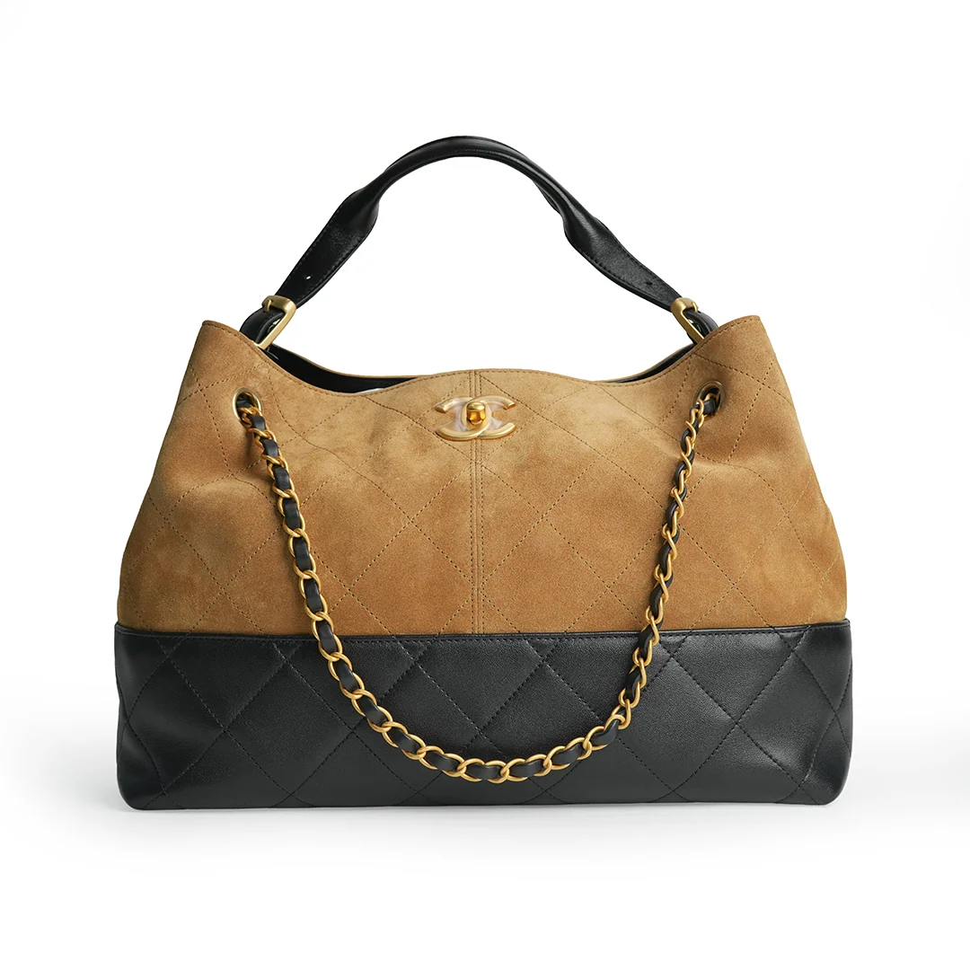 Chanel 25A Suede and Shiny Lambskin Beige and Black — view 2
