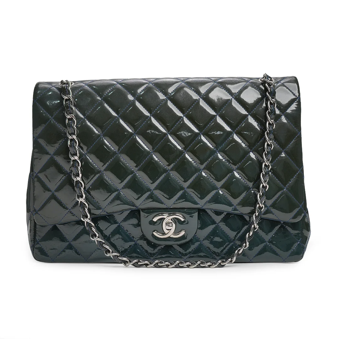 Chanel Maxi Classic Double Flap Bag Dark Blue Quilted Patent Leather — view 2