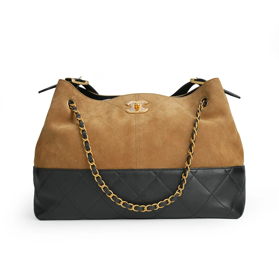 Chanel 25A Suede and Shiny Lambskin Beige and Black — view 3