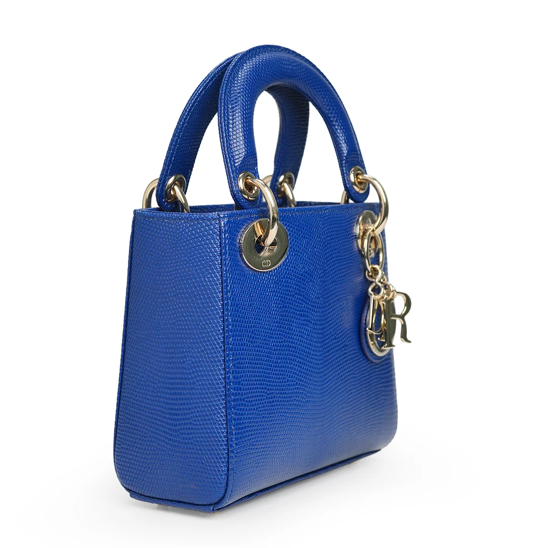 Christian Dior Lady Dior Mini Bag Blue Lizard Leather — view 3