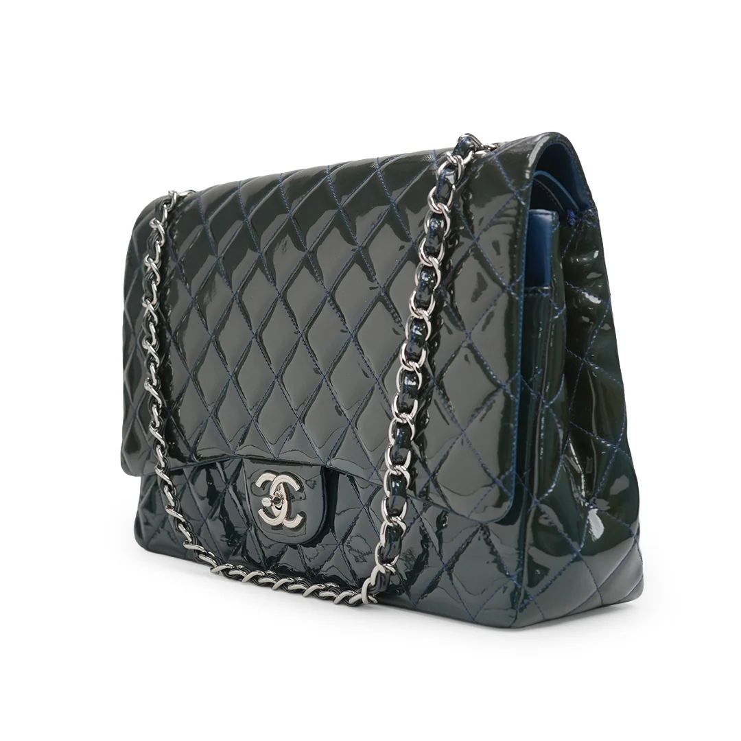 Chanel Maxi Classic Double Flap Bag Dark Blue Quilted Patent Leather — view 3