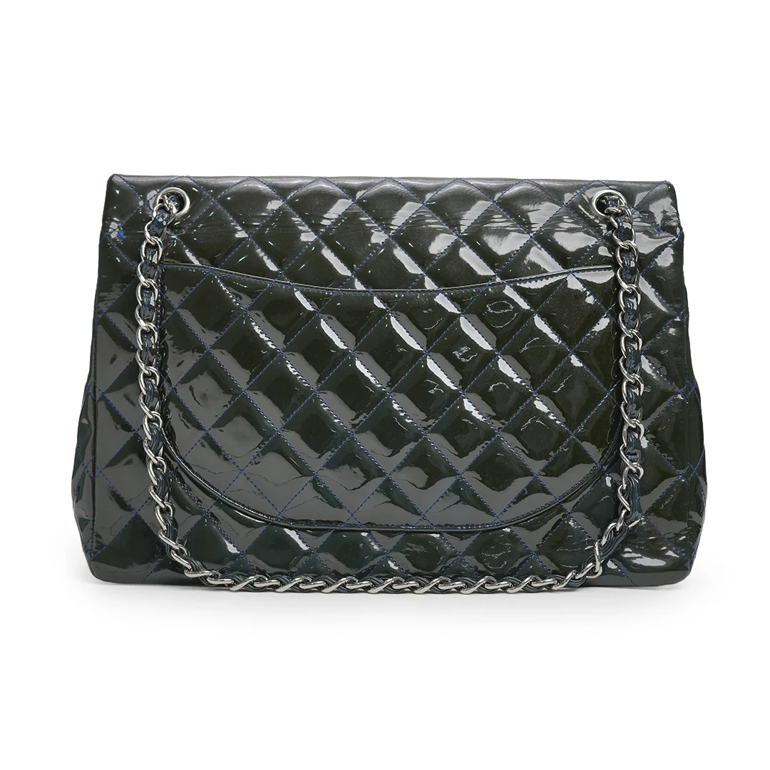 Chanel Maxi Classic Double Flap Bag Dark Blue Quilted Patent Leather — view 4