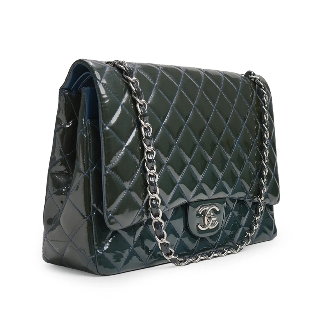 Chanel Maxi Classic Double Flap Bag Dark Blue Quilted Patent Leather — view 5