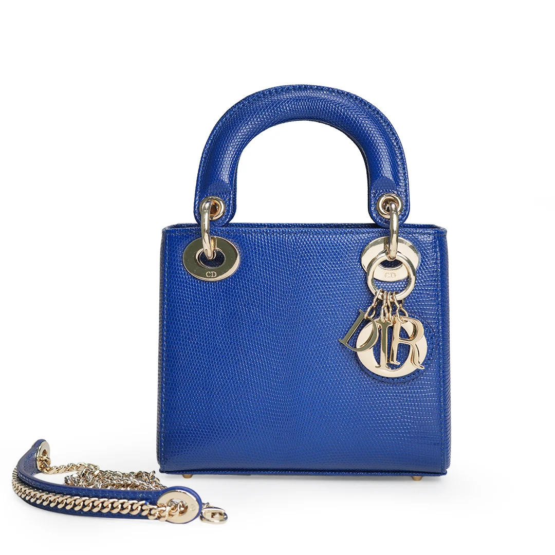 Christian Dior Lady Dior Mini Bag Blue Lizard Leather — view 7
