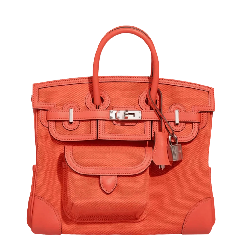 Hermès Birkin 25 Cargo Toile Geoland / Swift Orange Field Palladium Hardware Stamp W 2024
