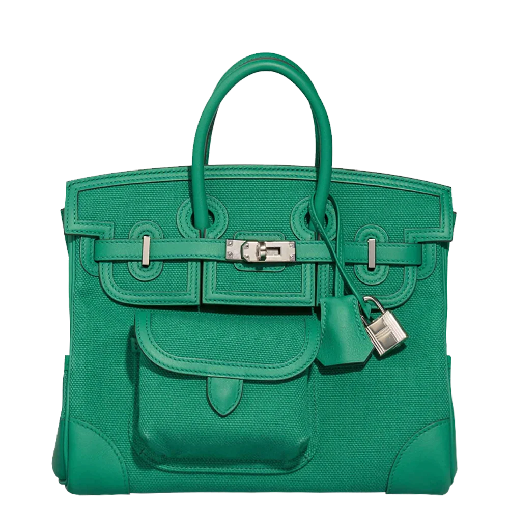 Hermès Birkin 25 Cargo Toile Geoland / Swift Vert Vertigo Palladium Hardware Stamp W 2024