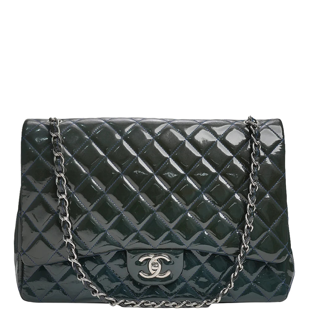 Chanel Maxi Classic Double Flap Bag Dark Blue Quilted Patent Leather